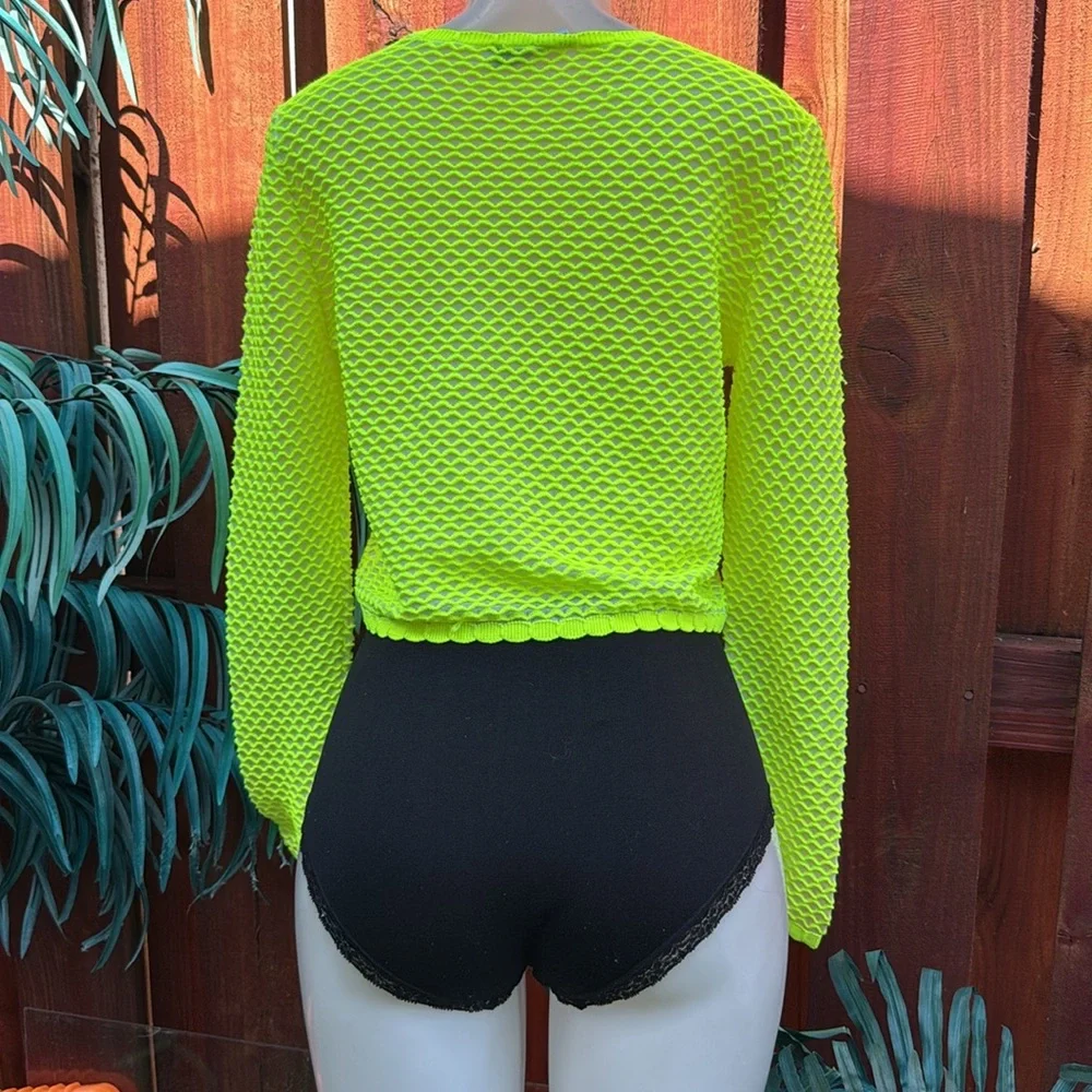 Zara Neon Lime Yellow Fishnet Mesh Open Weave Long Sleeve Top M